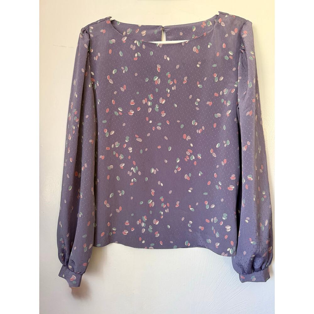 Vintage 70's MJ Lavender Purple Pink Emboss Dot Long Balloon Sleeve Blouse Large